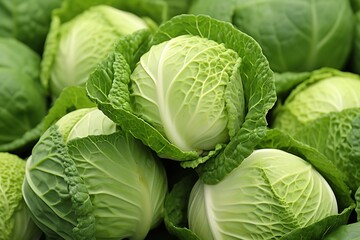 Fototapeta premium heap of ripe organic cabbage background top view, vegetable harvest texture