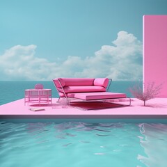 pink surreal seascape with floating furniture