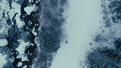Aerial top down view of a solo male person walk along the snowy frozen river, surrounded by pine trees. Cold winter forest. National park ranger in a fur coat in a cold winter scenery. - Powered by Adobe