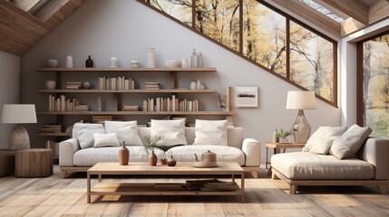 Fototapeta na wymiar A cozy living room with a large window and a wooden bookshelf