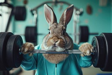 Cool Easter bunny doing a workout in the gym. - obrazy, fototapety, plakaty