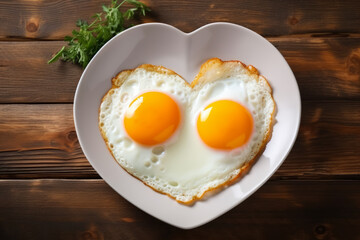 Huevo frito con dos yemas en forma de corazón. - obrazy, fototapety, plakaty