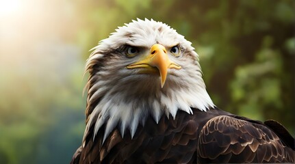Fototapeta premium Close up portrait of American Bald eagle face isolated on nature background with copy space. haliaeetus leucocephalus. Front view of Bald eagle