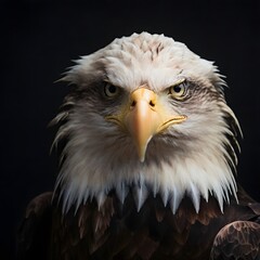 Obraz premium Close up portrait of American Bald eagle face isolated on black background with copy space. haliaeetus leucocephalus. Front view of Bald eagle