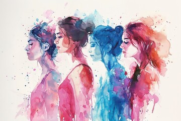 Colorful illustration of a group of women. International Women's Day concept in watercolor style. - obrazy, fototapety, plakaty