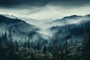 Zelfklevend Fotobehang Mistige ochtendstond A misty morning in the fir woods, where the ethereal fog weaves through the trees, casting an enchanting spell on the mountainous landscape.