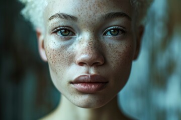 In this captivating portrait, the stunning albino African American woman exudes a unique beauty, celebrating diversity with her melanin-rich charm. Her individuality shines through