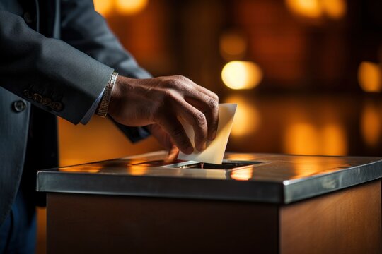 Eagerly putting their vote into the ballot box, the voter's hand showcases the essence of democracy, contributing to the collective decision-making process with their carefully chosen ballot.