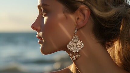 Attractive woman model wearing sea creature shape earrings, Generative AI. - obrazy, fototapety, plakaty