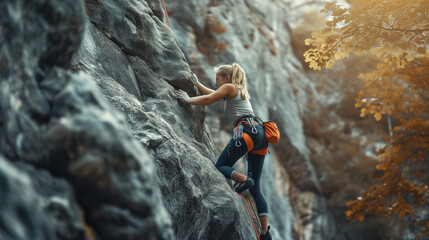 The rock climber girl conquers the mountain using mountaineering gear. - obrazy, fototapety, plakaty