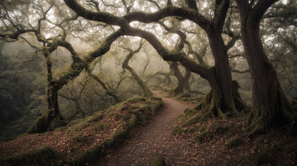 An cinematic movie scene includes several trees in a land