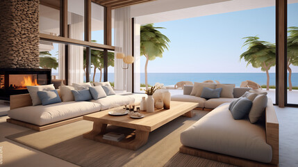 Modern living room minimal and clean, Coastal style home interior design of modern living room, Ai generated image