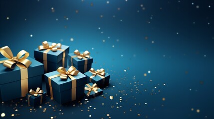 Blue background with gold bow on blue gift boxes, Generative AI.