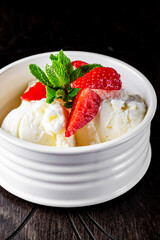 ice cream in white bowl close up