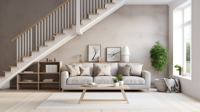 Modern living room with staircase, Cute grey sofa in room with staircase. Scandinavian home interior design of modern living room, Ai generated image