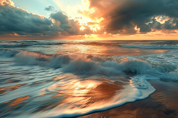 Sunrise on the sea Stormy sea beach