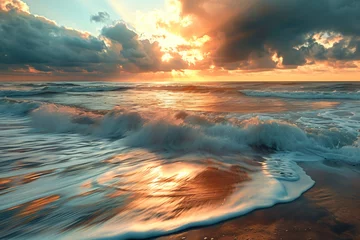 Fotobehang Sunrise on the sea Stormy sea beach © UC