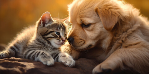 cat and dog,AI generated a cat and dog are sitting in front of a purple background, photo of dog and cat loving each other . Generative AI 