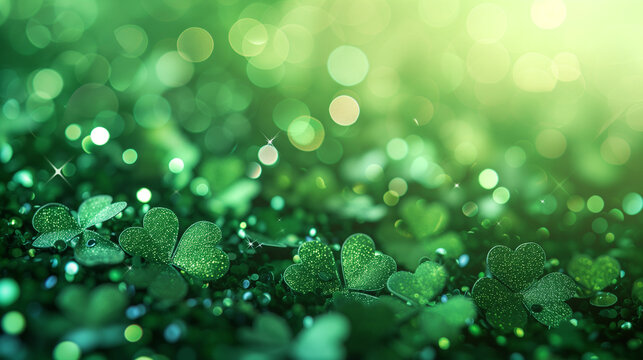 Water drops on green leaf, green glitter and sparkle clovers for St Patrick's day background, Ai generated image