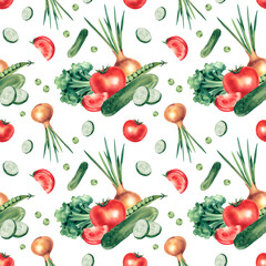 Watercolor background of vegetables, cucumbers, tomatoes, onions, broccoli and green peas. The illustration is hand-drawn. Seamless pattern. For designers, fabric printing and printing, menu design.