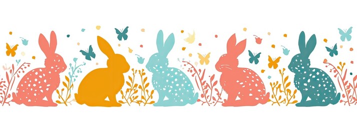 Happy Easter Seamless Background With Colorful Easter Bunny Silhouette
