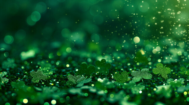 Water drops on green leaves, Shamrocks on a green background celebrate St. Patrick's Day, green glitter and sparkle clovers for St Patrick's day background, Ai generated image