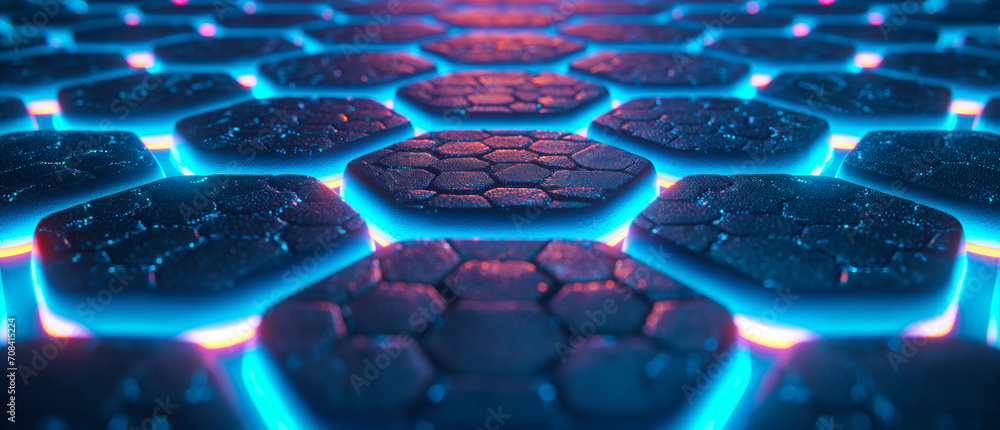 Poster close-up of a textured surface with hexagonal shapes illuminated by bright blue and pink neon lights