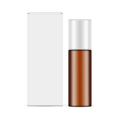 Amber Cosmetic Bottle, Packaging Box Front View, Isolated On White Background. Vector Illustration