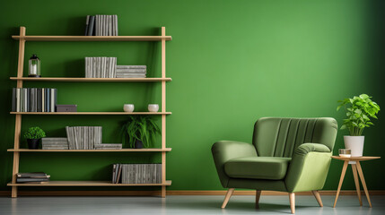 Background image of graphic home office workplace with computer on wooden table against green wall, copy space,  Green sofa and chair against green wall with book shelf, Ai generated image