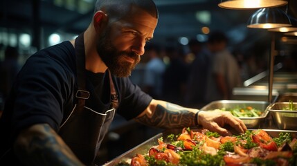 Focused male chef plating food in commercial kitchen - obrazy, fototapety, plakaty