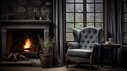 Living room interior, Fireplace in the living room, Grey chair by fireplace against window, Ai generated image