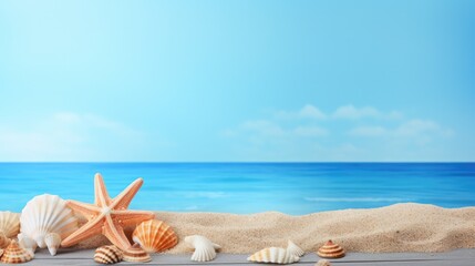 Fototapeta na wymiar Summer beach scene with seashells and starfish on sand. Vacation and travel.