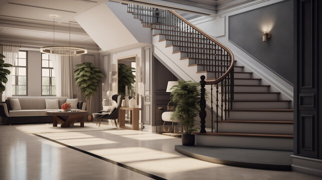 staircase in a hotel, Luxury interior, entrance hall of modern rustic farmhouse,  Interior design of modern entrance hall with staircase in villa, Ai generated image