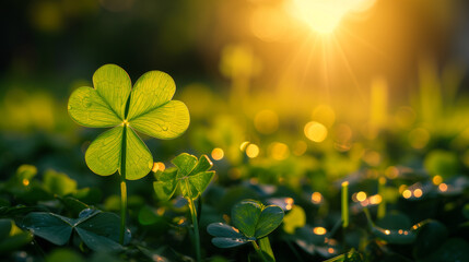 St. Patrick's day holiday symbol, Spring green background, Green grass and sun, Irish Four Leaf Clover in the Field for St. Patricks Day, Ai generated image