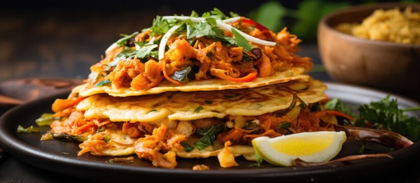 South Indian street food made with layered bread pieces, meat, egg, and vegetables, commonly known as Chicken Kothu Parotta or Curried Shredded Indian flatbread.