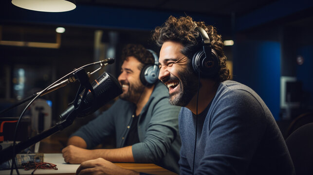 A vibrant scene capturing a cheerful radio host showing enthusiasm while recording a podcast with a colleague - Powered by Adobe