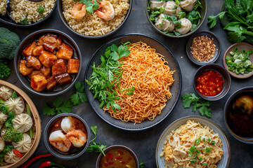 Assorted Chinese dishes. Chinese noodles, fried rice, kimchi, dumplings, Peking duck, dim sum, spring rolls. Chinese restaurant concept. Place for text