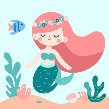 Cute mermaid illustration in sea scene in flat style for kids
