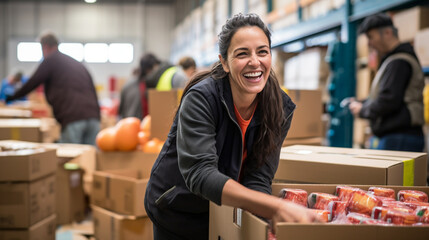 A women happy volunteer is depicted looking at a food donation box - obrazy, fototapety, plakaty