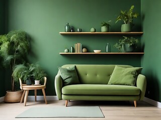 green living room, Green sofa and chair against green wall