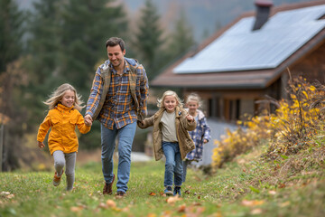 Fototapeta premium Happy family against the background of a house with installed solar panels. Alternative energy, resource saving and sustainable lifestyle concept.Green energy concept.Place for text.Copy space.