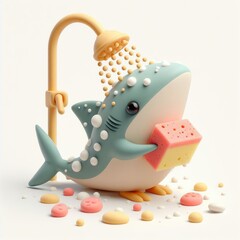 Shower Sharkie: 3D Illustration of a Cute Cartoon Shark Bathing with a Sponge.