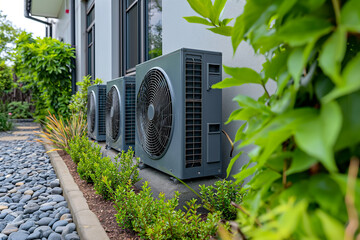 Industrial air conditioner. Air conditioning systems on the background of the house. Modern HVAC air conditioner unit on outside of house.
