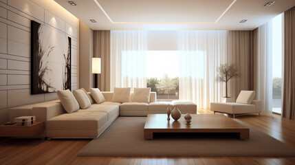 living room interior with cozy beige couch, modern minimalist design of apartment, Minimalist home interior design of modern living room, Ai generated image