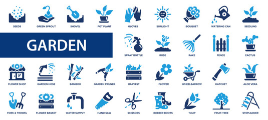 Garden flat icons set. Flowers, plot, dacha, grass, watering can, trees, care, digger icons and more signs. Flat icon collection.