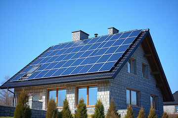Fototapeta premium Solar panels on the house. Modern house with solar panels.Solar panels on the roof.Beautiful, large modern house and solar energy.Green energy concept.Place for text.Copy space.