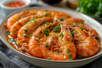 Spicy fried shrimp in a plate with fresh herbs in tereyaki sauce. Seafood. Close-up. Copy space. Place for text. Grilled shrimp.