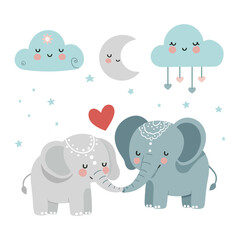 Valentine's Day illustration of two cute elephant in love for kids. Valentine clipart