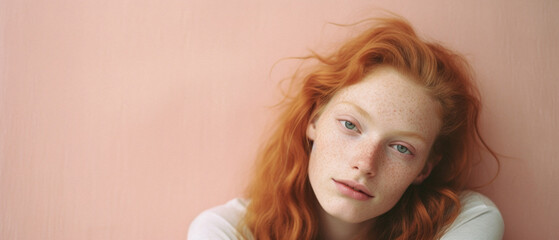 Portrait of red-haired girl with freckles on her face