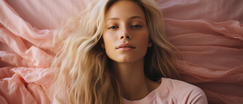 Beautiful young woman looking at camera, panoramic shot